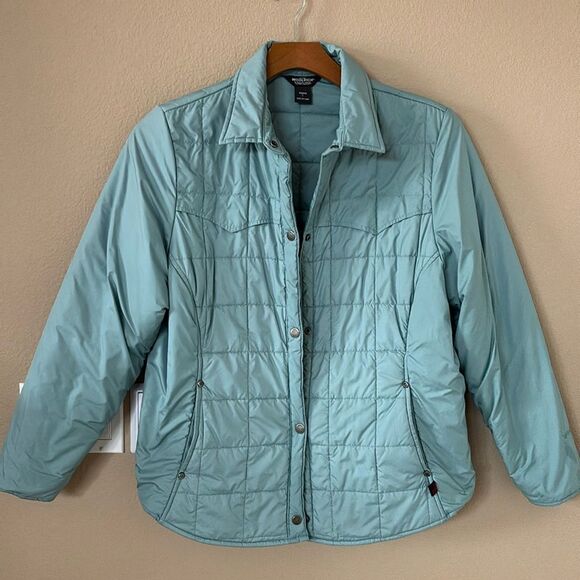 Woolrich Quilted lightweight Puffer Jacket Powder Blue Bluegrass Coat Size Large - Picture 1 of 8